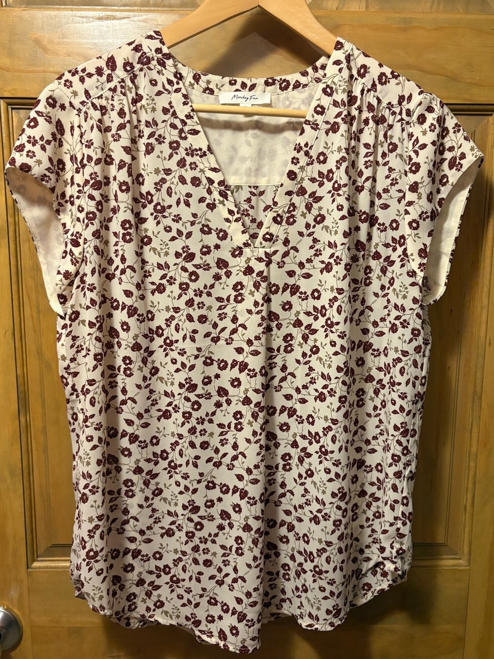 Monday Fun Lillian V-Neck Blouse Off-White Blouse W/ Floral Burgundy Accents